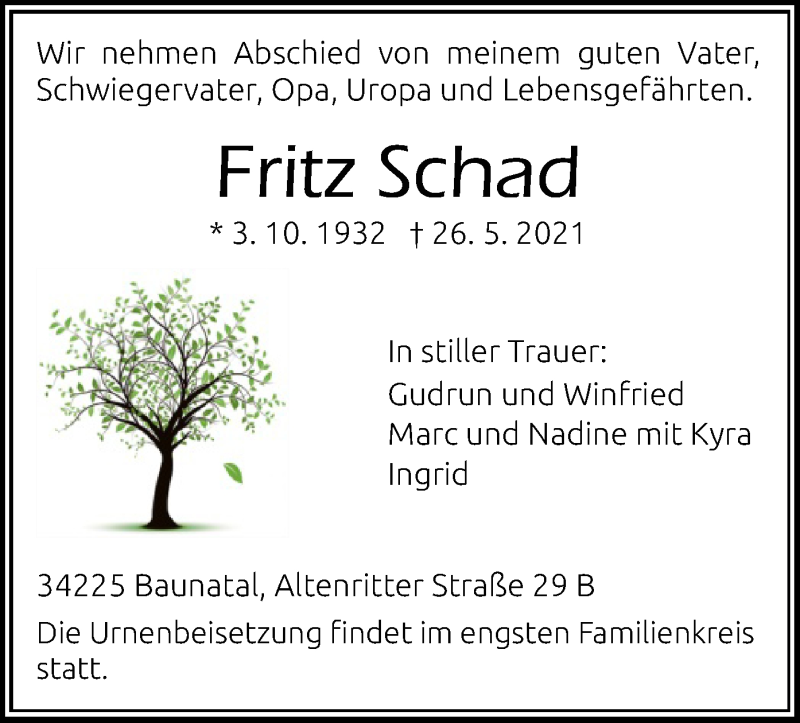  Traueranzeige für Fritz Schad vom 29.05.2021 aus HNA