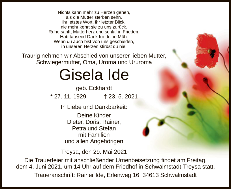  Traueranzeige für Giesela Ide vom 29.05.2021 aus HNA