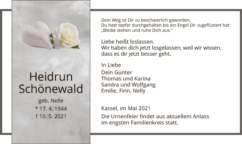  Traueranzeige für Heidrun Schönewald vom 15.05.2021 aus HNA
