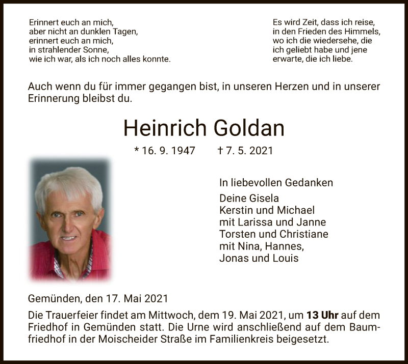  Traueranzeige für Heinrich Goldan vom 17.05.2021 aus HNA