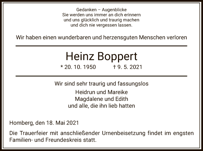  Traueranzeige für Heinz Boppert vom 18.05.2021 aus HNA