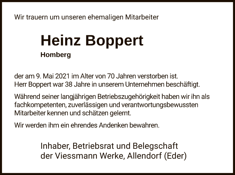  Traueranzeige für Heinz Boppert vom 22.05.2021 aus HNA