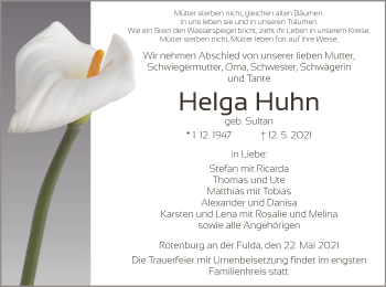 Traueranzeige von Helga Huhn von HNA