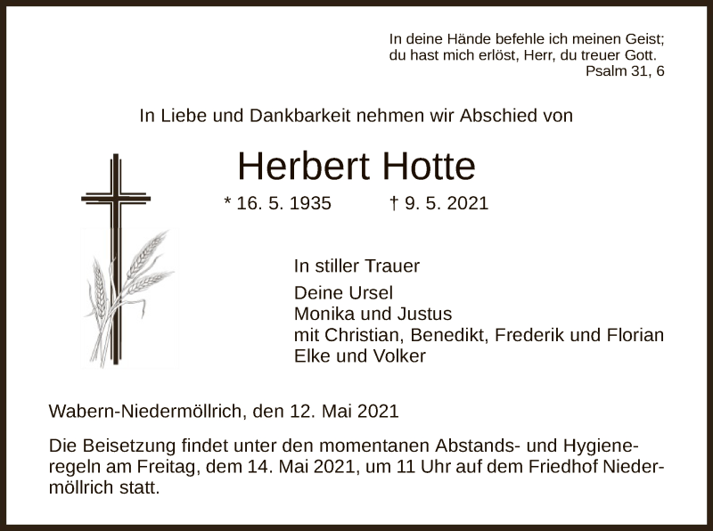  Traueranzeige für Herbert Hotte vom 12.05.2021 aus HNA