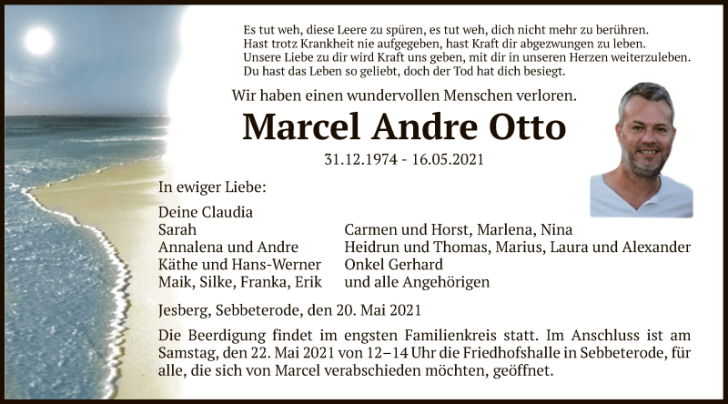  Traueranzeige für Marcel Andre Otto vom 20.05.2021 aus HNA