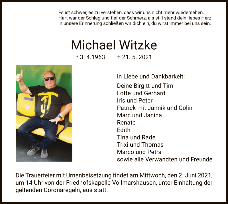  Traueranzeige für Michael Witzke vom 29.05.2021 aus HNA