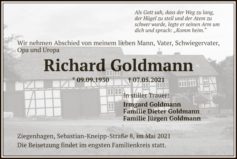 Traueranzeige für Richard Goldmann vom 15.05.2021 aus HNA
