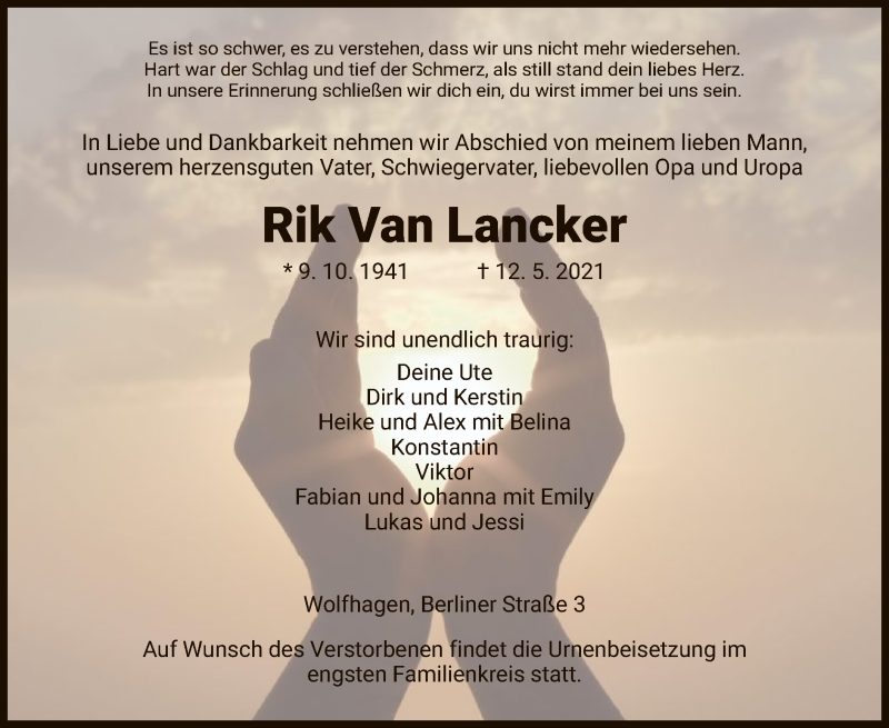  Traueranzeige für Rik Van Lancker vom 15.05.2021 aus HNA