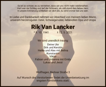 Traueranzeige von Rik Van Lancker von HNA