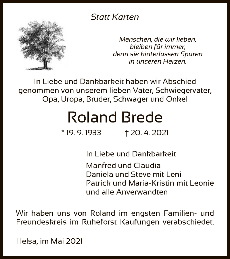  Traueranzeige für Roland Brede vom 15.05.2021 aus HNA