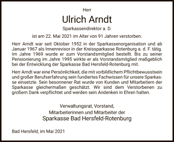 Traueranzeige von Ulrich Arndt von HZ