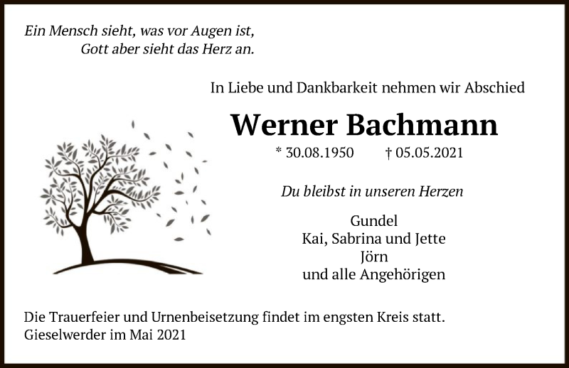  Traueranzeige für Werner Bachmann vom 17.05.2021 aus HNA