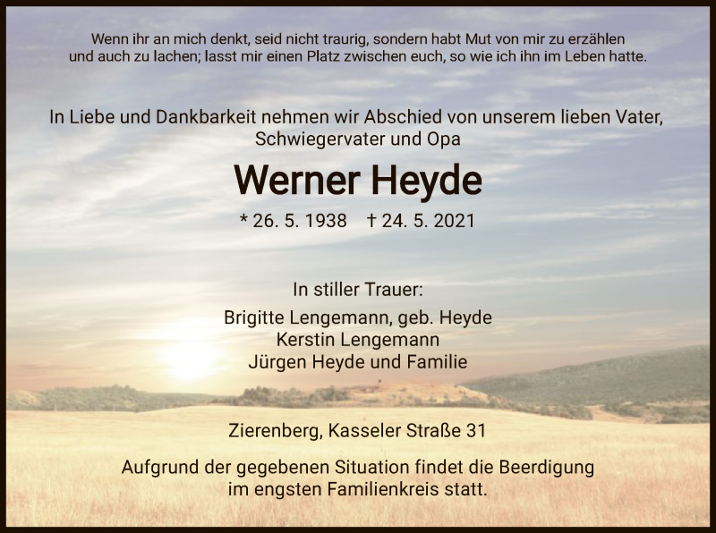  Traueranzeige für Werner Heyde vom 26.05.2021 aus HNA