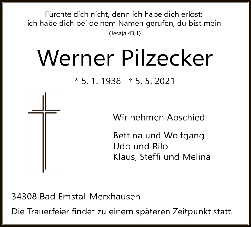  Traueranzeige für Werner Pilzecker vom 15.05.2021 aus HNA
