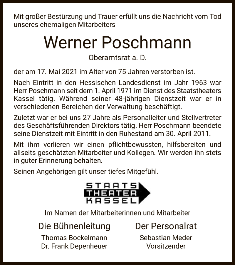  Traueranzeige für Werner Poschmann vom 21.05.2021 aus HNA