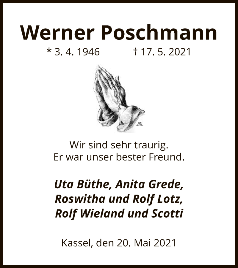  Traueranzeige für Werner Poschmann vom 20.05.2021 aus HNA