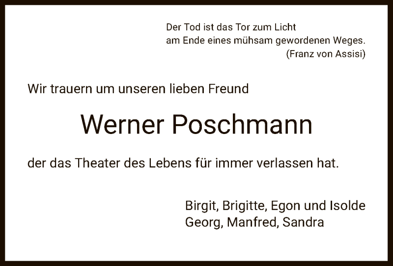  Traueranzeige für Werner Poschmann vom 21.05.2021 aus HNA