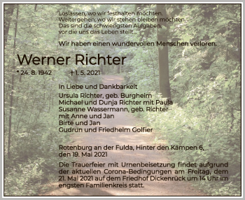 Traueranzeige von Werner Richter von HNA