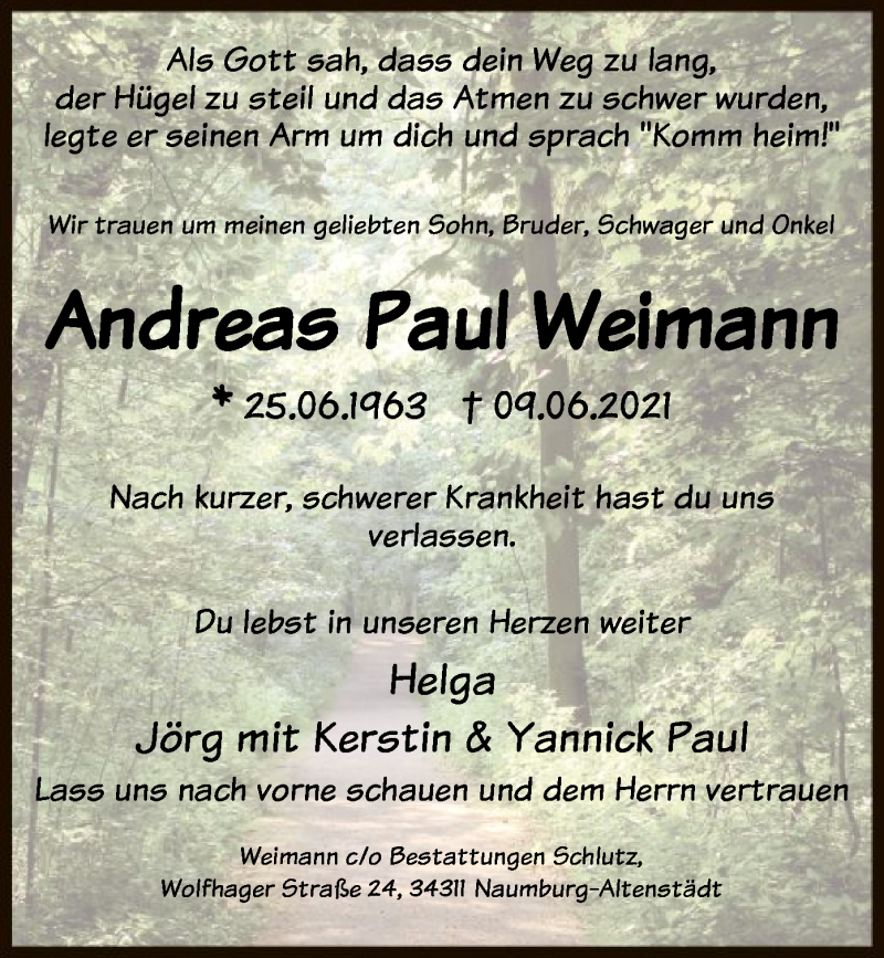  Traueranzeige für Andreas Paul Weimann vom 25.06.2021 aus HNA