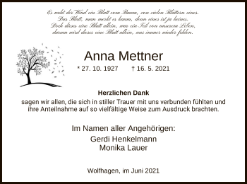 Traueranzeige von Anna Mettner von HNA
