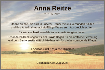 Traueranzeige von Anna Reitze von HNA