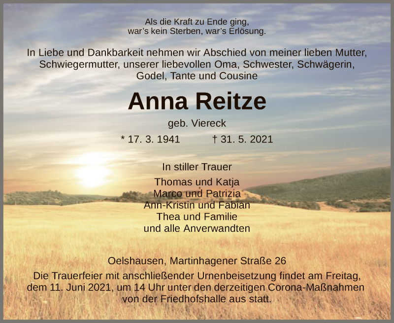  Traueranzeige für Anna Reitze vom 08.06.2021 aus HNA