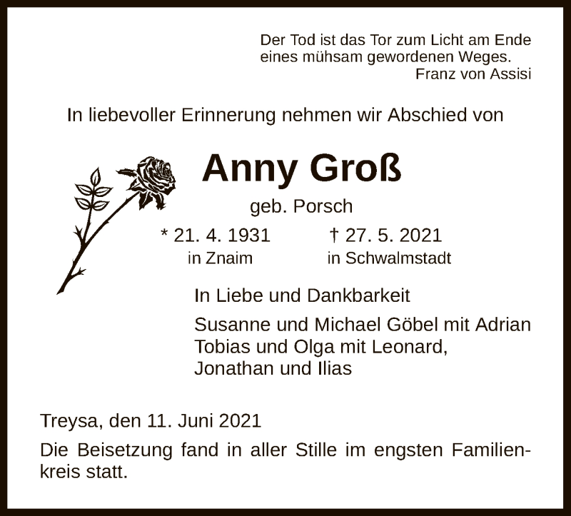  Traueranzeige für Anny Groß vom 11.06.2021 aus HNA