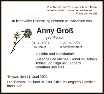 Traueranzeige von Anny Groß von HNA