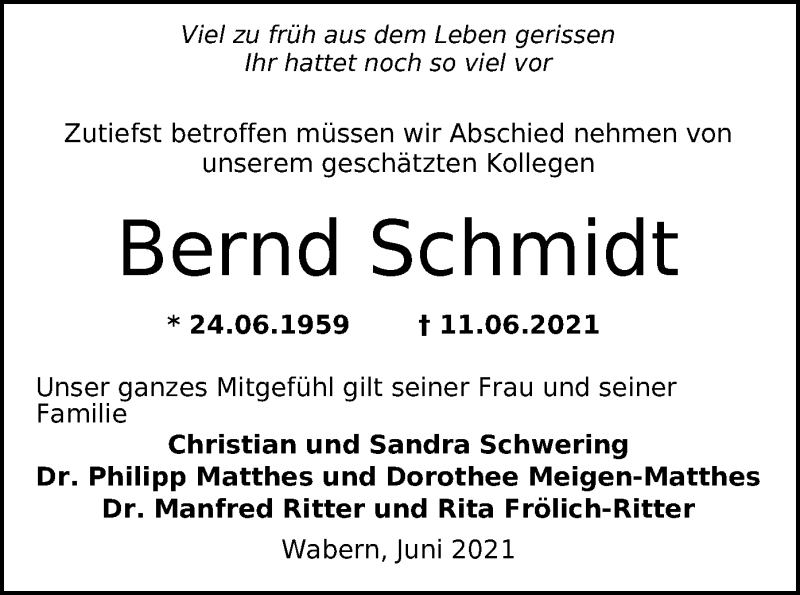  Traueranzeige für Bernd Schmidt vom 26.06.2021 aus HNA
