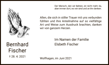 Traueranzeige von Bernhard Fischer von HNA