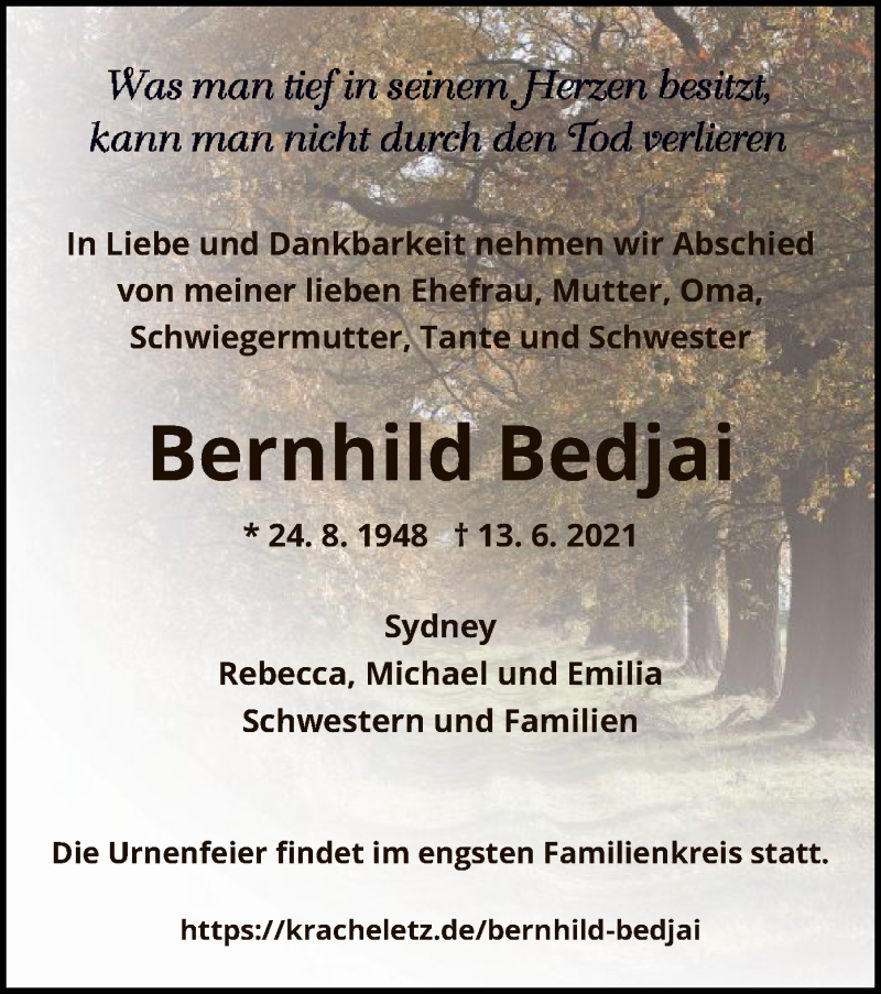  Traueranzeige für Bernhild Bedjal vom 19.06.2021 aus HNA