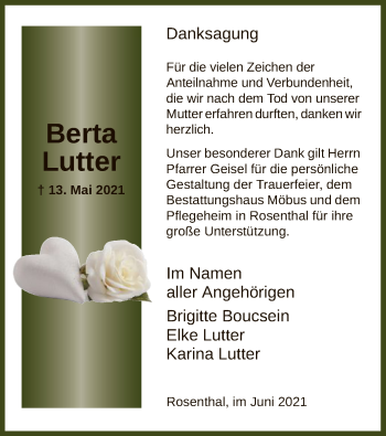 Traueranzeige von Berta Lutter von HNA
