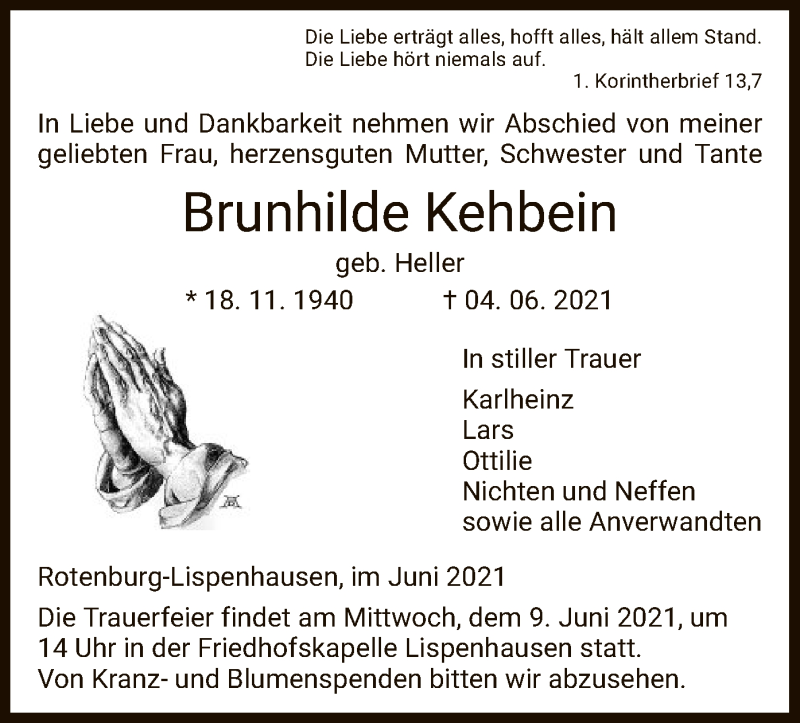  Traueranzeige für Brunhilde Kehbein vom 08.06.2021 aus HNA