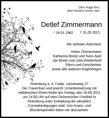 Traueranzeige von Detlef Zimmermann von HNA