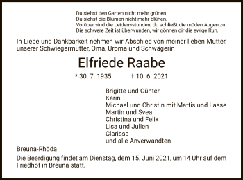 Traueranzeige von Elfriede Raabe von HNA