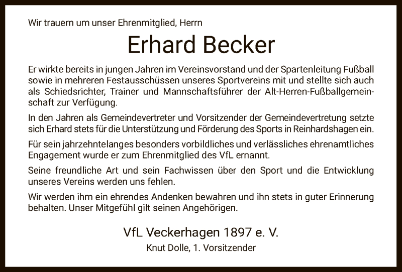  Traueranzeige für Erhard Becker vom 19.06.2021 aus HNA