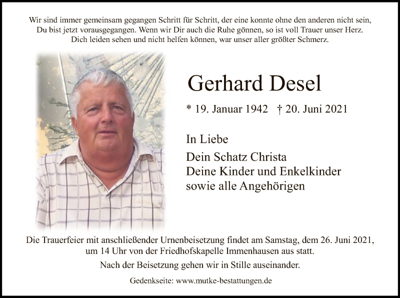  Traueranzeige für Gerhard Desel vom 23.06.2021 aus HNA