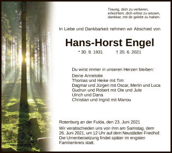 Traueranzeige von Hans-Horst Engel von HNA