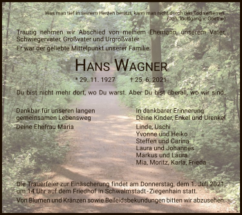 Traueranzeige von Hans Wagner von HNA