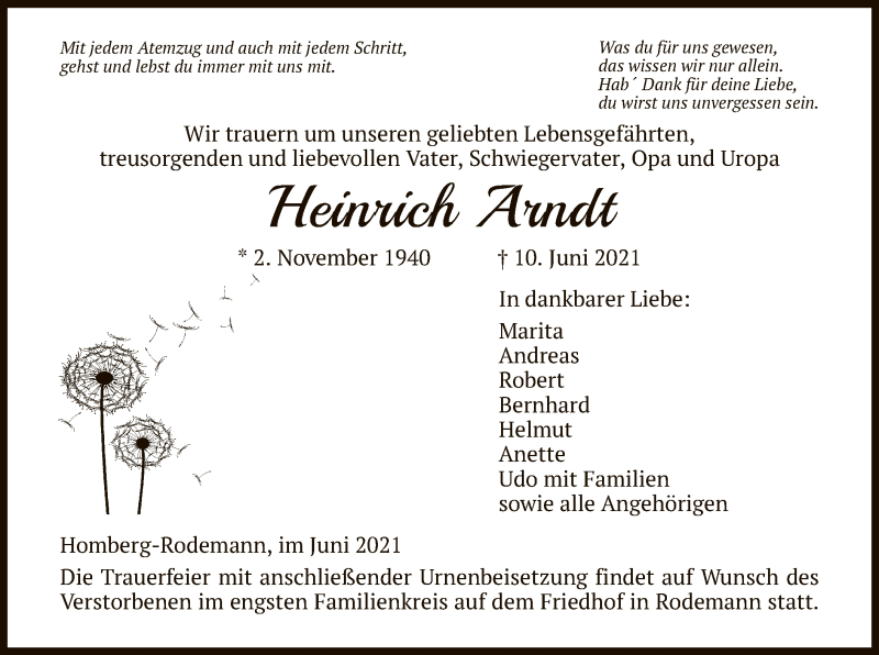  Traueranzeige für Heinrich Arndt vom 16.06.2021 aus HNA