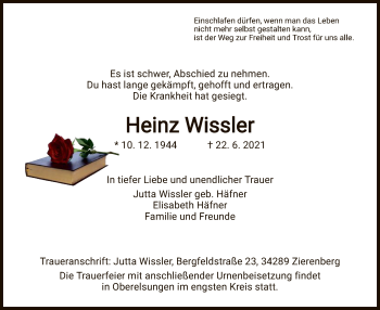 Traueranzeige von Heinz Wissler von HNA