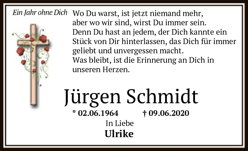  Traueranzeige für Jürgen Schmidt vom 09.06.2021 aus HNA