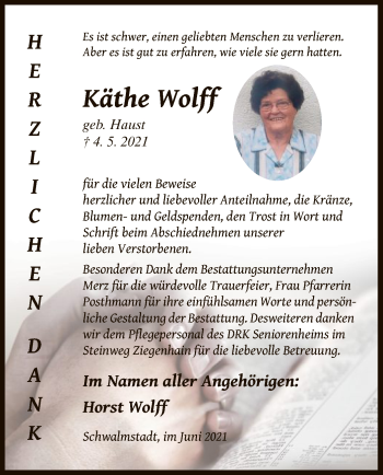 Traueranzeige von Käthe Wolff von HNA