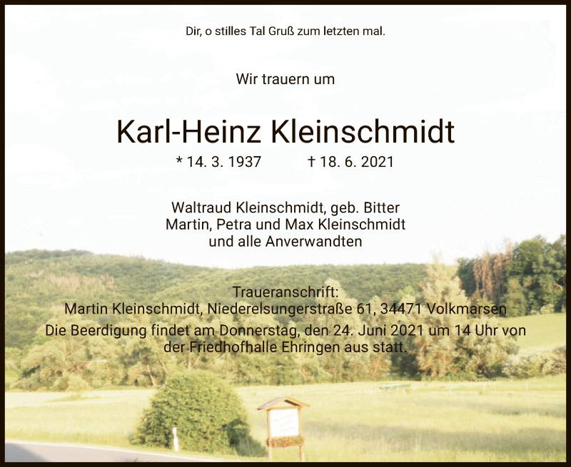  Traueranzeige für Karl-Heinz Kleinschmidt vom 22.06.2021 aus HNA