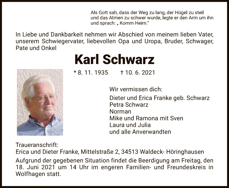  Traueranzeige für Karl Schwarz vom 12.06.2021 aus HNA