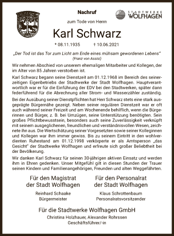 Traueranzeige von Karl Schwarz von HNA