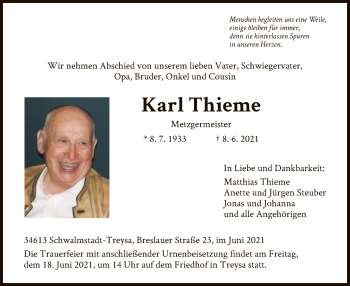 Traueranzeige von Karl Thieme von HNA