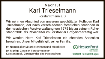 Traueranzeige von Karl Trieselmann von HNA
