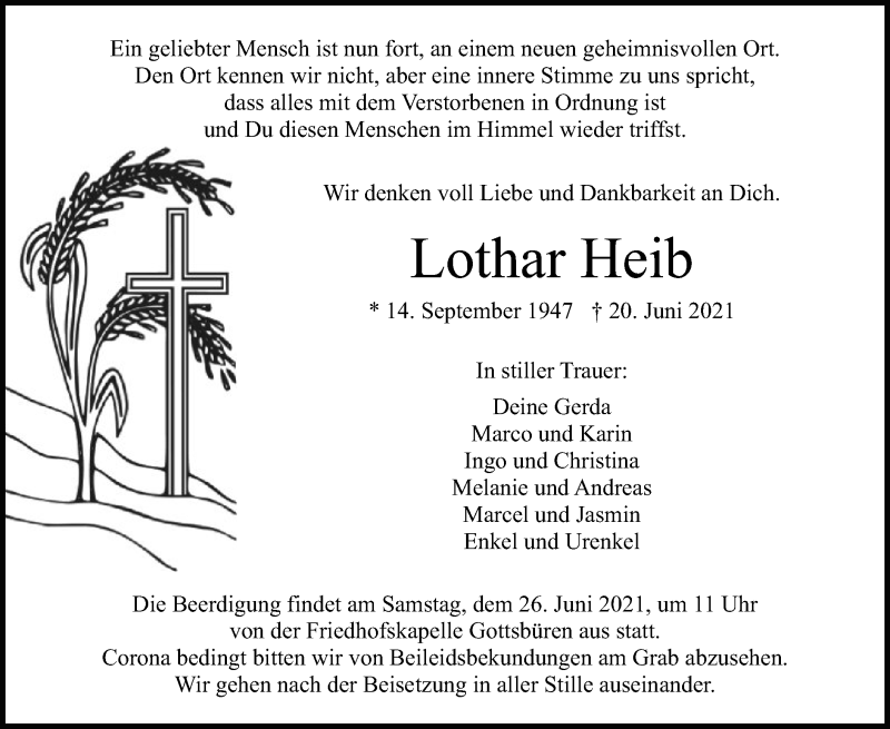  Traueranzeige für Lothar Heib vom 24.06.2021 aus HNA