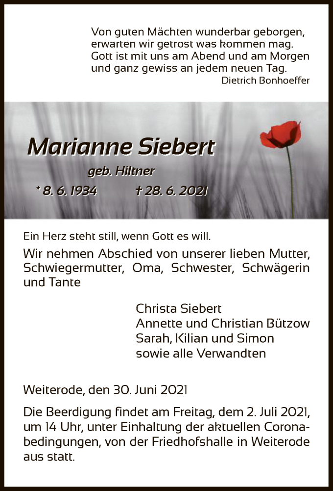  Traueranzeige für Marianne Siebert vom 30.06.2021 aus HNA